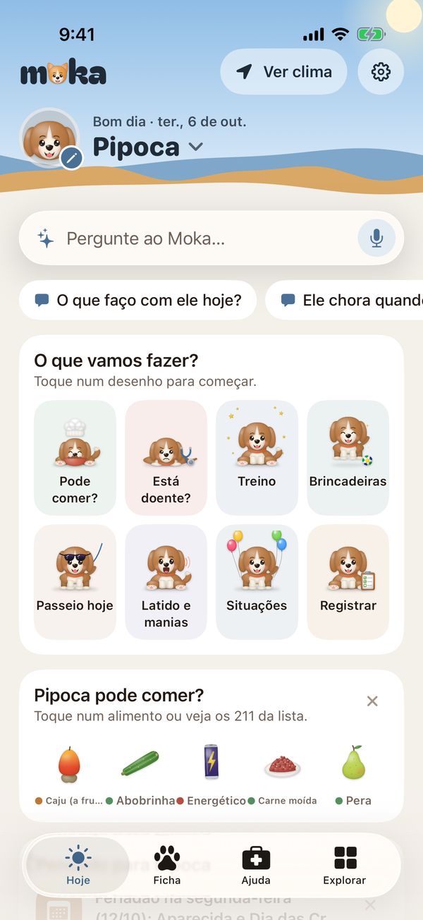 Tela Hoje do Moka: Pergunte ao Moka e atalhos com desenhos do cão