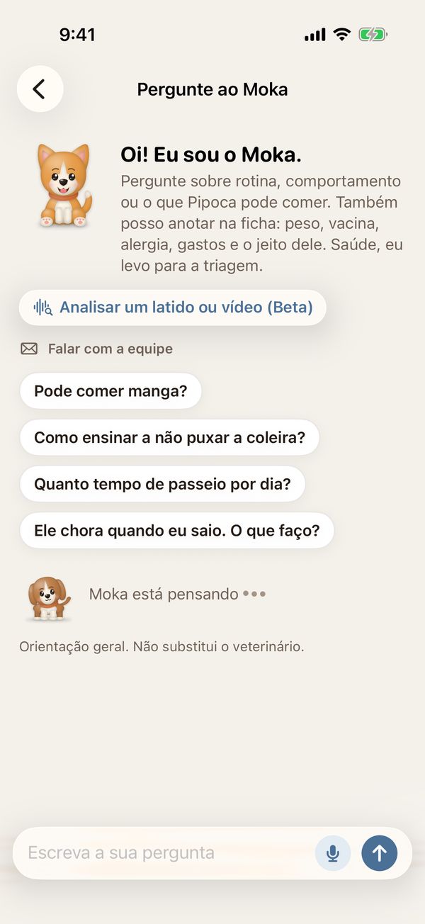 Pergunte ao Moka aberto: o Moka se apresenta, sugere perguntas e começa a pensar na pergunta do tutor