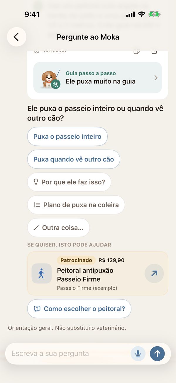 Conversa no Pergunte ao Moka: depois da resposta, o bloco Se quiser, isto pode ajudar com uma sugestão identificada como parceiro