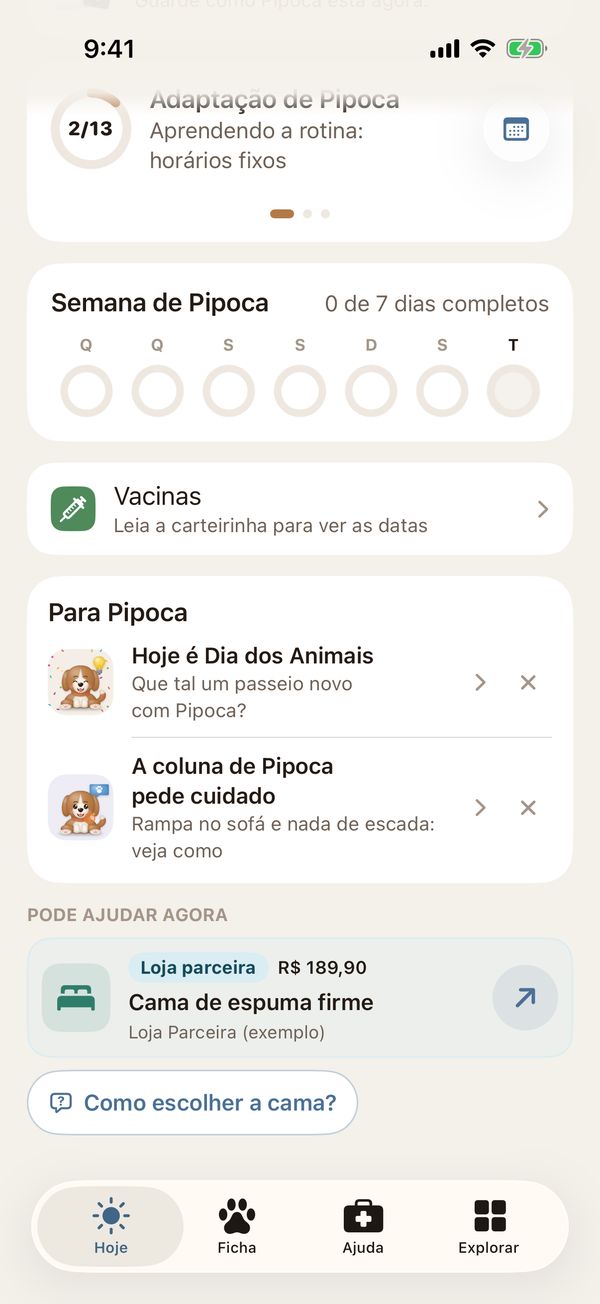 Tela Hoje com o cartão Pode ajudar agora para um cão que acabou de chegar